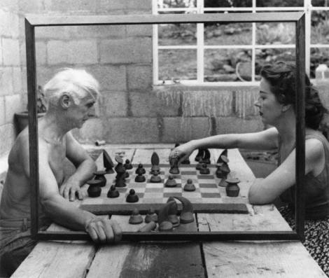 Max Ernst and Dorothea Tanning play chess in a picture frame. Photo: Bob Towers, Sedona, Arizona (1948).